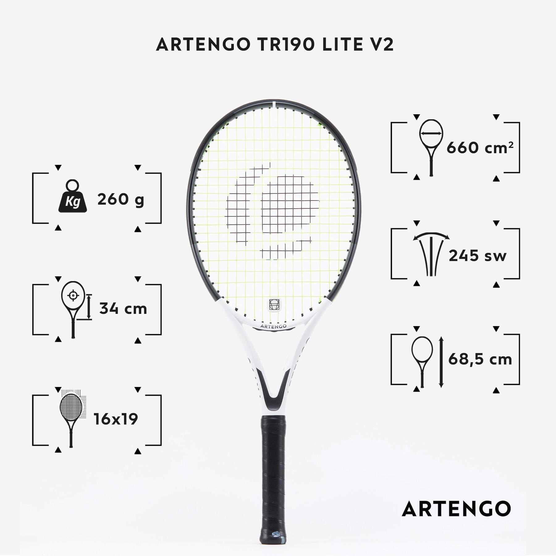راکت تنیس بزرگسالان آرتنگو ARTENGO TR190 LITE V2 – مشکی/سفید راکت تنیس بزرگسالان آرتنگو ARTENGO TR190 LITE V2 – مشکی/سفید - Image 2