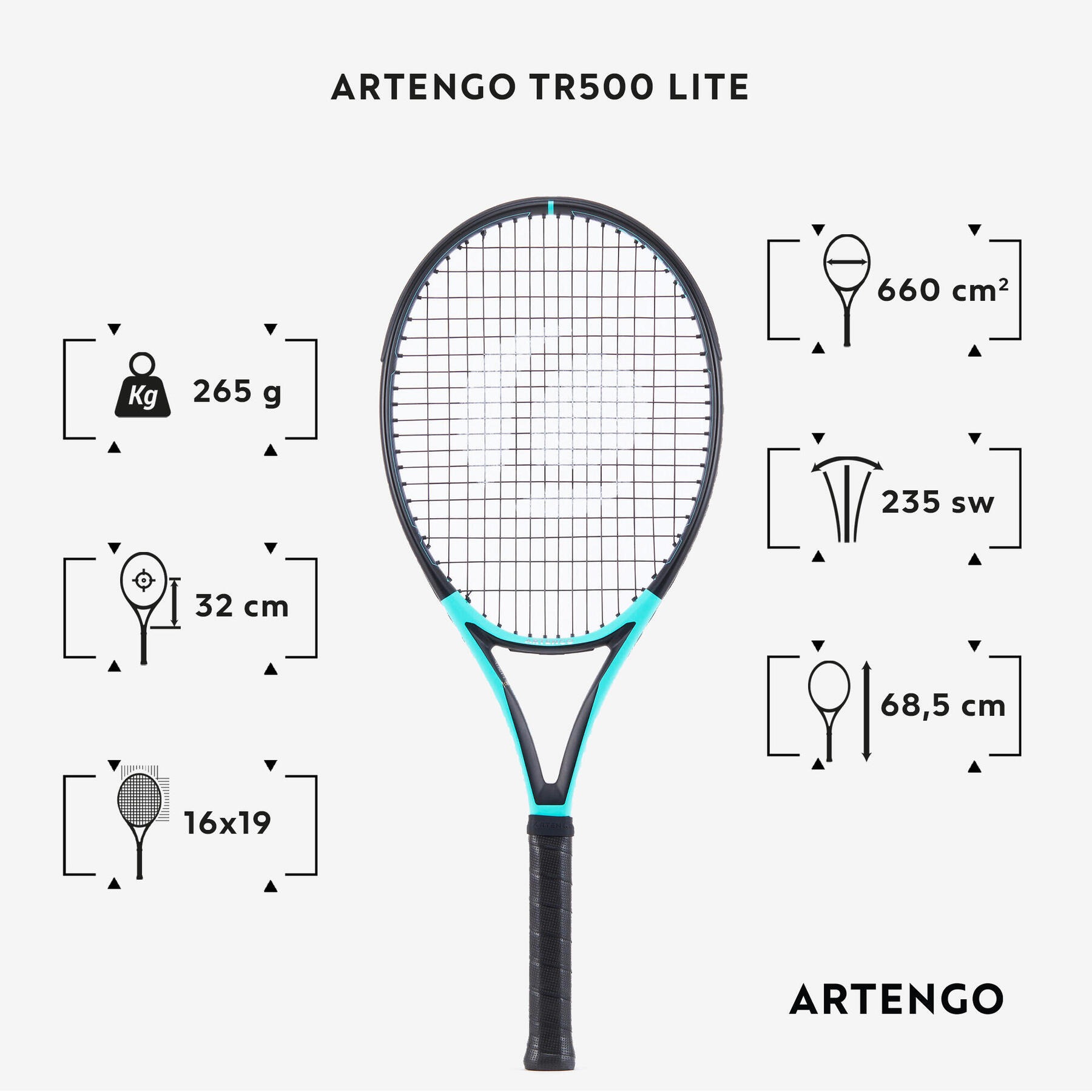 راکت تنیس بزرگسالان آرتنگو ARTENGO TR500 LITE– مشکی/آبی راکت تنیس بزرگسالان آرتنگو ARTENGO TR500 LITE– مشکی/آبی - Image 2